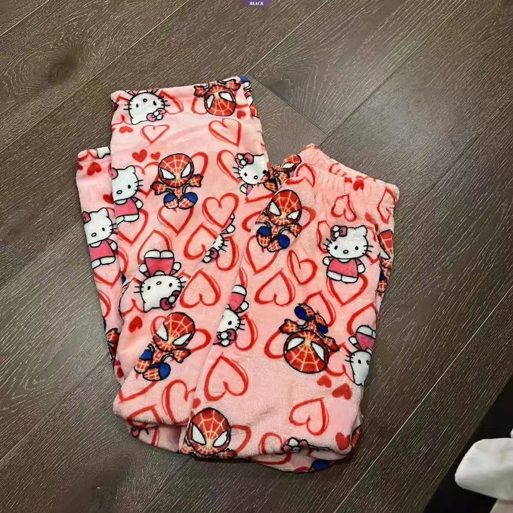 Hoạt Hình Người Nhện HelloKitty Flannel Pyjama Quần Thu Đông Quần Rời Dày Đệm Ấm Áp Quần Nhà [BL]