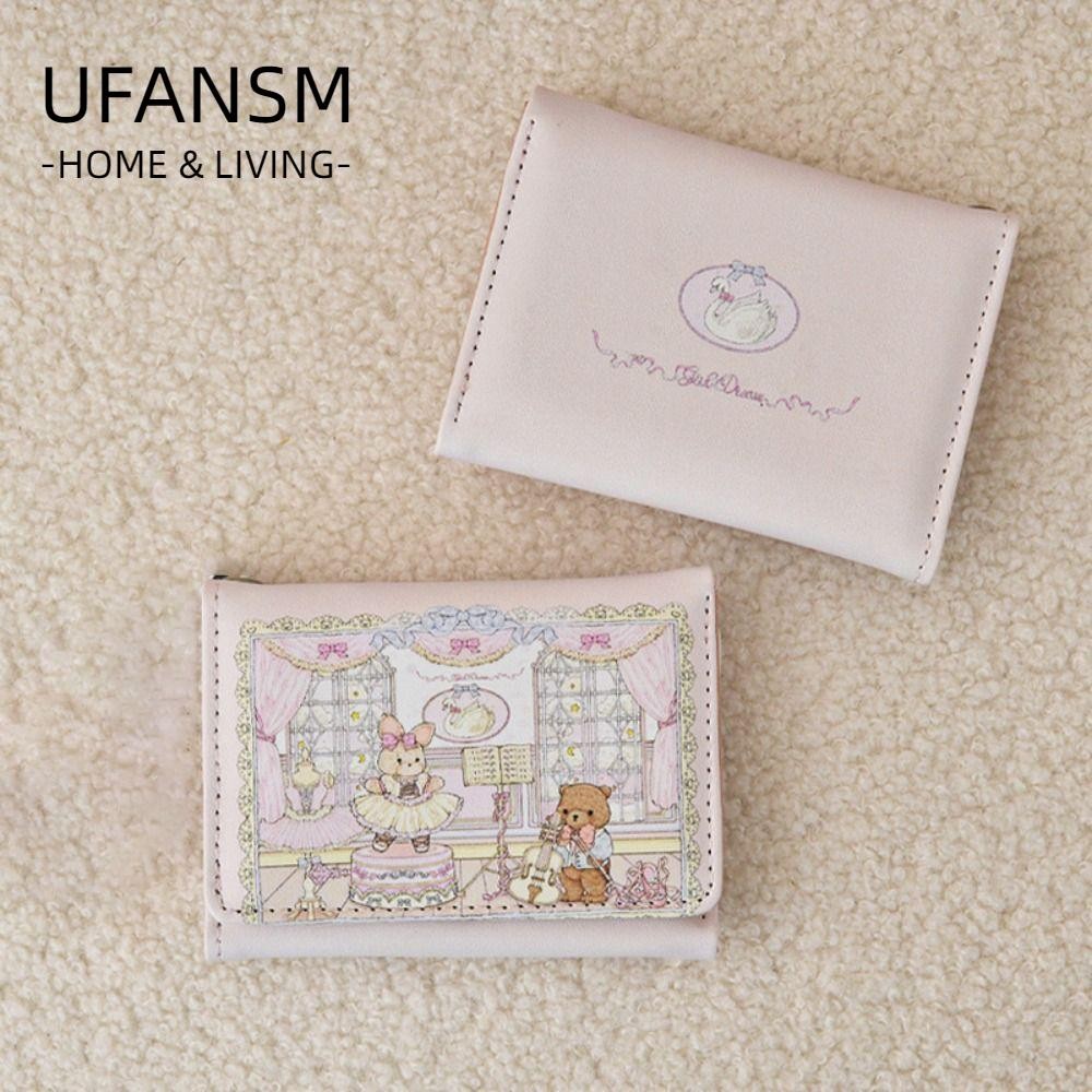 Túi đựng tiền UFASM, Ví ngắn hình gấu và thỏ nhiều khe, Hộp đựng thẻ PU di động thời trang dành cho nữ