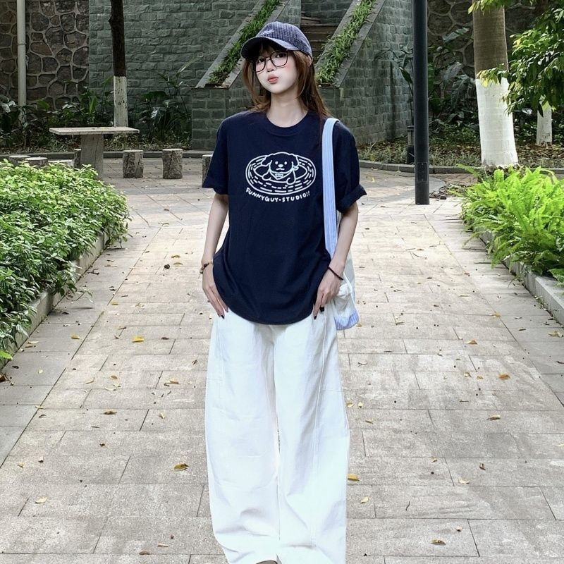 Áo ThunGraphic Chó Hoạt Hình Nữ, Tay Ngắn Phù Hợp Mùa Hè và Couple Wear