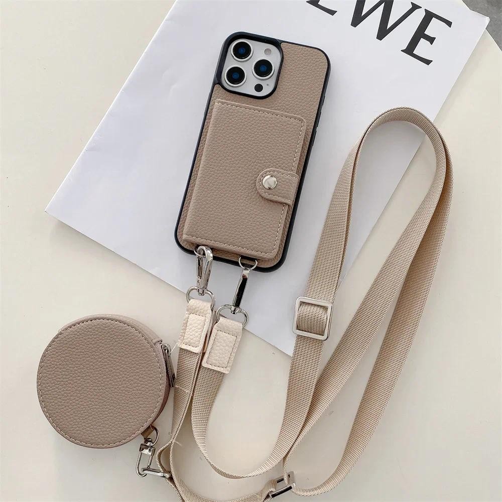 Ví Đeo Ngang Khe Cắm Thẻ Ví Đựng Tiền Xu Cho IPhone 16 15 Plus 14 13 12 11 7 8 Pro Max Da Dây Bảo Vệ Vỏ Điện Thoại