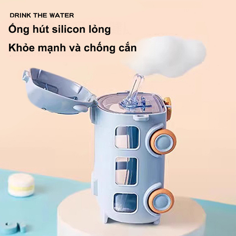 Bình Nước Trẻ Em Hình Xe Buýt 500ml, Bình Nước Di động Ngoài Trời, Trẻ Em Rơm Cốc, Có Dây đeo Vai