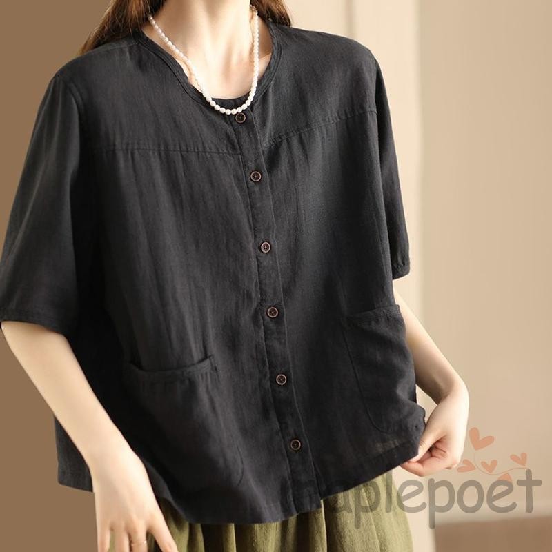 MAPLEPOET Áo nữ kiểu dáng giản dị, vải lanh ngắn tay, màu trơn phù hợp mùa xuân hè