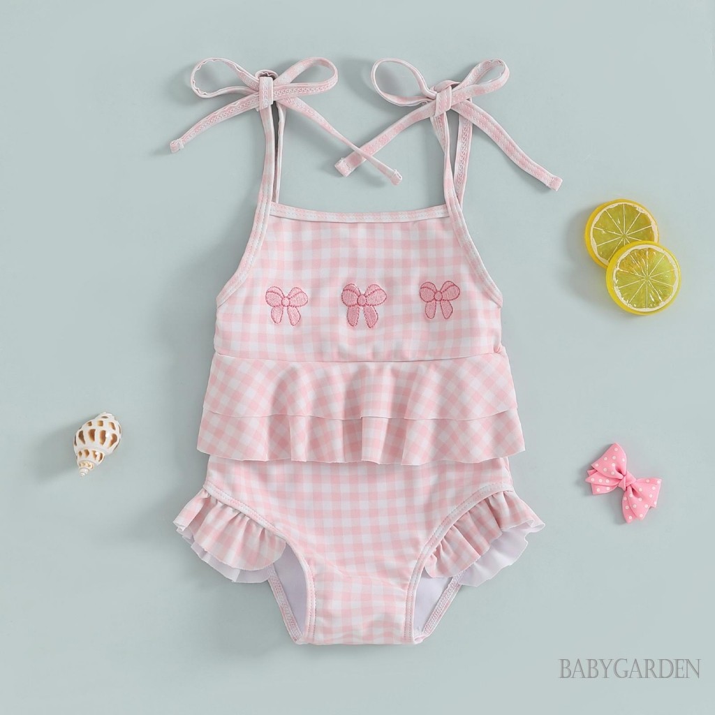 / / -3tháng-3 Tuổi Dây đeo Spaghetti cho bé gái Dây buộc nơ thêu kẻ sọc Đồ bơi một mảnh Bộ đồ tắm đi biển mùa hè