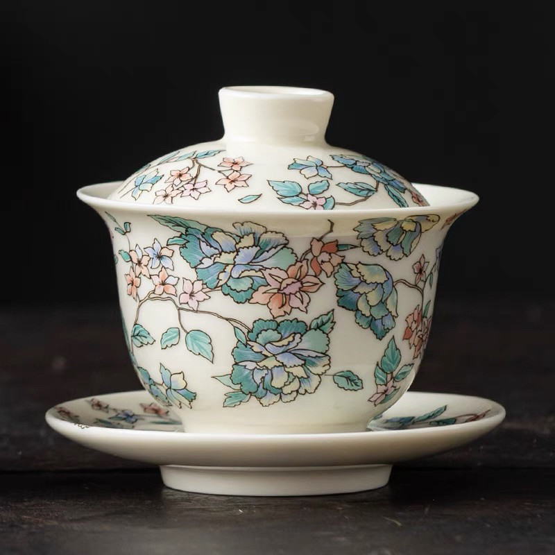 ✨Gốm Kung Fu Bộ Trà Camellia Sancai Gaiwan Gốm Hộ Gia Đình Cao Cấp Trà Trung Quốc Trà Bộ Trà Trà Cốc