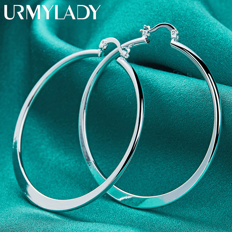 URMYLADY Bạc 925 55mm Bông tai phẳng tròn dành cho nữ Tiệc cưới Trang sức quyến rũ