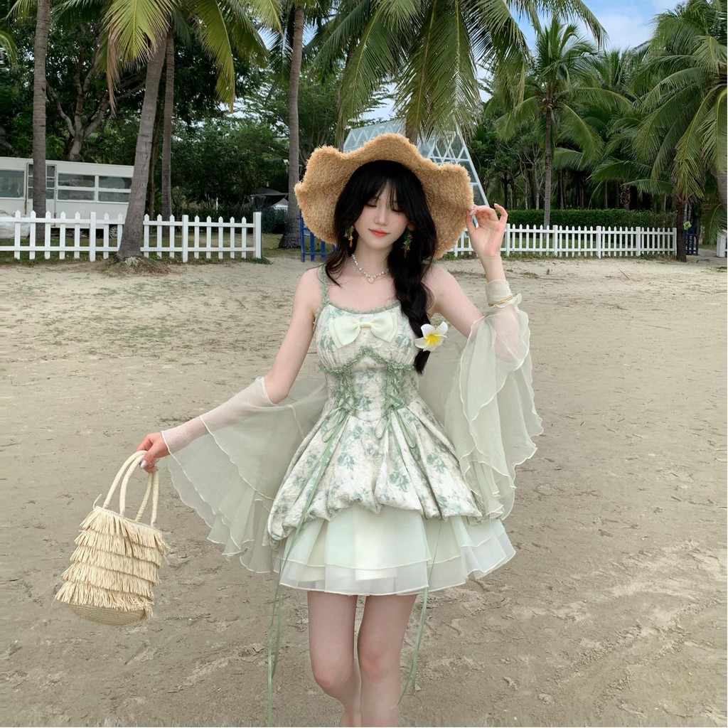 [YU]Set váy hai dây công chúa phối áo khoác mỏng, phong cách yêu tinh rừng, dịu dàng bay bổng.