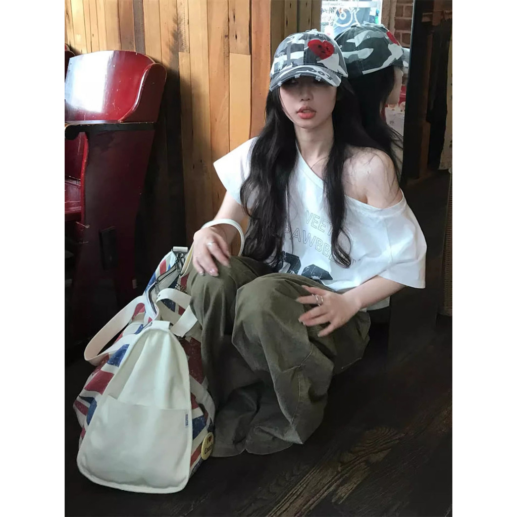 Milyfashion In Chữ Slanted Vai Áo Thun Nữ Mùa Hè Rời Tay Ngắn Hot Girl Off-Shoulder Top Quần Áo Nữ