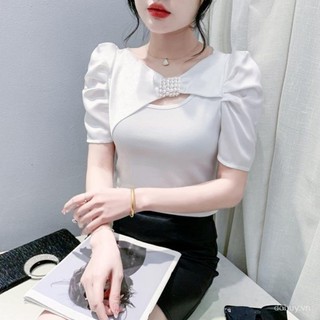 Áo sơ mi tay ngắn cổ chữ V có nơ năm 2025, ôm vừa vặn, thiết kế puff thanh lịch
