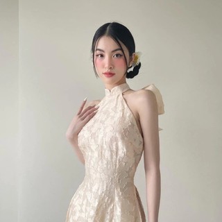 Áo Yếm Nữ, áo dài nữ thiết kế cổ yếm màu kem 4 tà phối nơ sau lưng- Jn Design J58