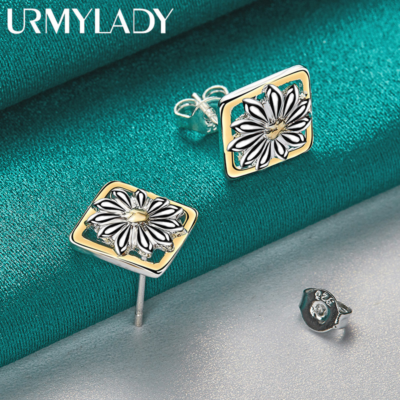 URMYLADY Bạc 925 Bông Tai Hoa Vuông Cho Nữ Tiệc Cưới Trang Sức Thời Trang