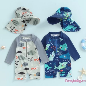 Bộ đồ bơi bé trai tập đi Họa tiết cá mập có khóa kéo dài tay Bộ đồ tắm cổ tròn có mũ