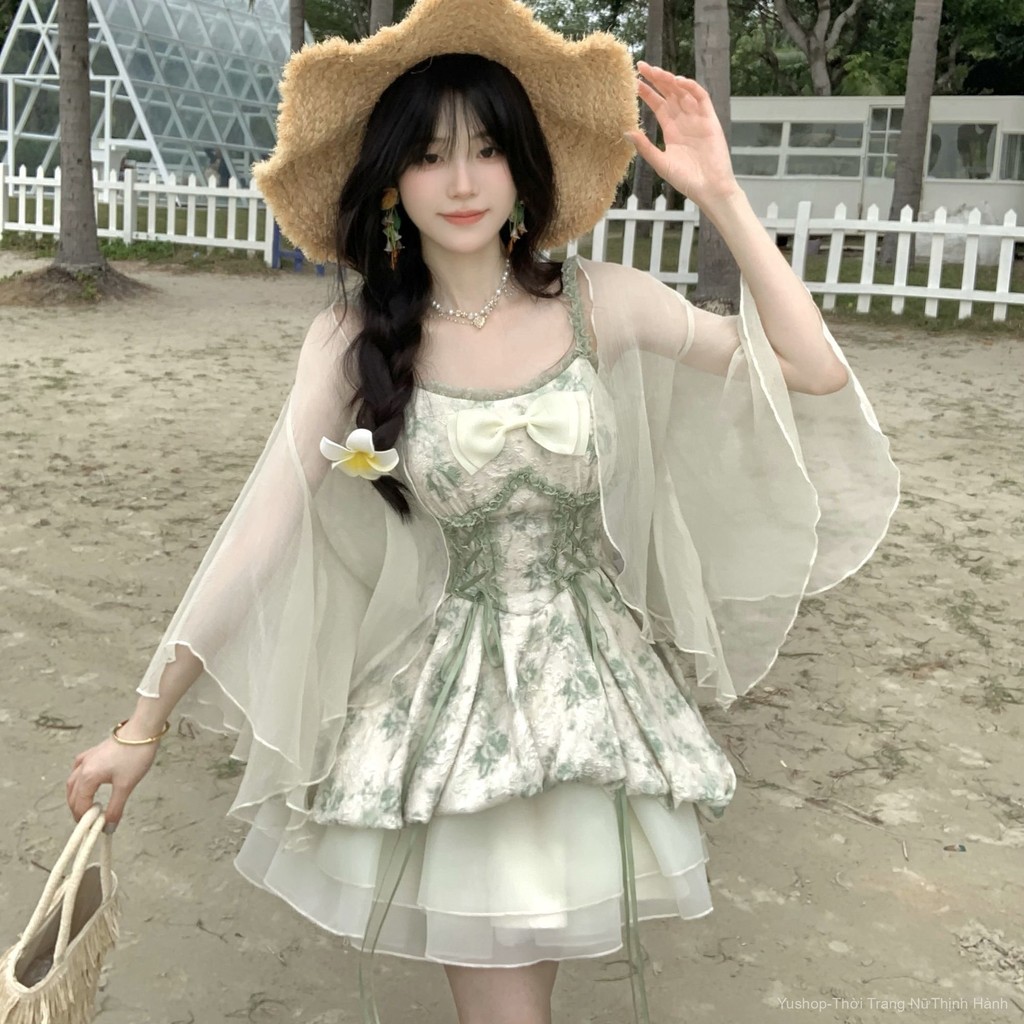 [YU]Set váy hai dây công chúa phối áo khoác mỏng, phong cách yêu tinh rừng, dịu dàng bay bổng.