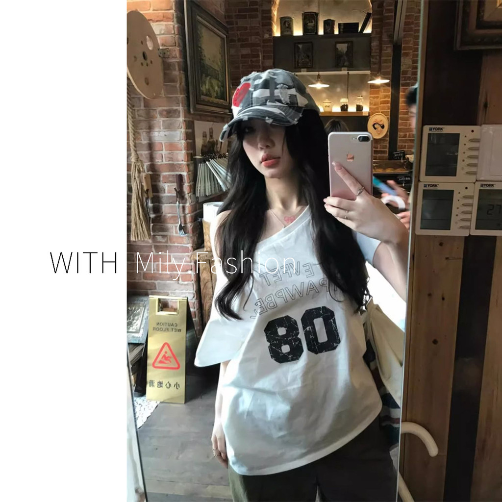 Milyfashion In Chữ Slanted Vai Áo Thun Nữ Mùa Hè Rời Tay Ngắn Hot Girl Off-Shoulder Top Quần Áo Nữ