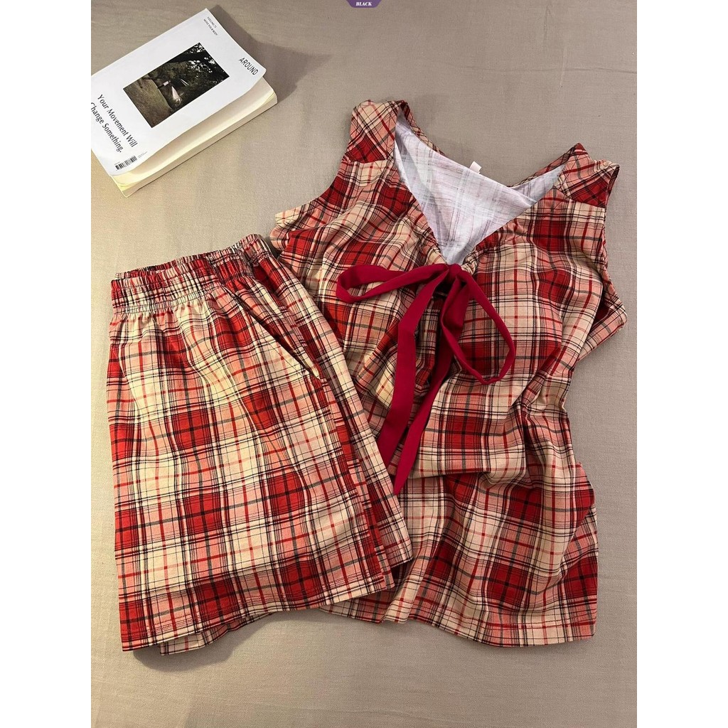 Nhật Bản Ins Bộ Đồ Ngủ Kẻ Sọc Đỏ Nữ Mùa Hè Bật Lên Mỏng Suspender Quần Short Hai Mảnh Homewear [BL]