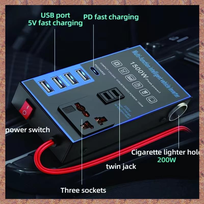 Bộ chuyển đổi bộ sạc tự động 1500W cho ô tô, xe tải, gia đình - Biến tần nguồn 12V / 24V sang 220V với ổ cắm USB điện thoại di động (R F C V)