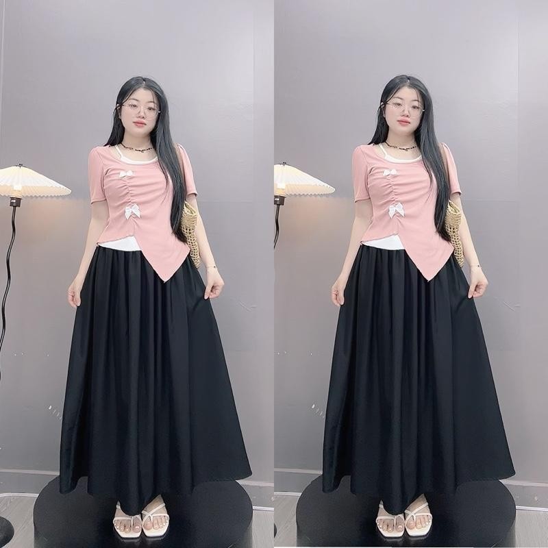 Set Áo Váy Bigsize Nữ (55-90Kg) Áo Thun Cổ Yếm Đính Nơ Mix Váy Dài Nàng Thơ -A278 + CV15
