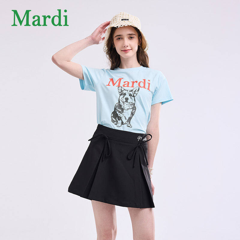 Áo thun cotton nguyên chất Mardi Mercredi dáng rộng và cao cấp, cổ tròn in hoa cúc ngắn tay thích hợp