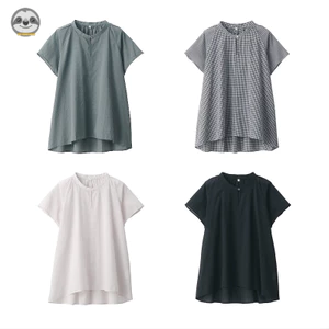 Phong cách Nhật Bản Phong cách Muji / Cổ tròn Cotton xoắn mạnh tay kiểu Pháp Áo tay ngắn / Áo kiểu dáng rộng thường ngày mát mẻ cho nữ