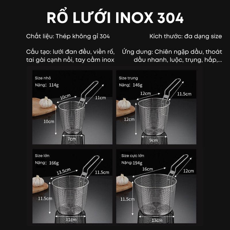 Rổ Lưới Inox 304 Có Tai Gài – Chiên, Trụng, Luộc, Hấp Đa Năng – Dùng Gia Đình, Quán Ăn, Nhà Hàng| 300