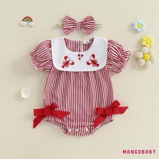 MG-Baby Girl Tôm Hùm Thêu Romper Tay Ngắn Cổ Búp Bê Kẻ Sọc Áo liền quần Có Băng Đô
