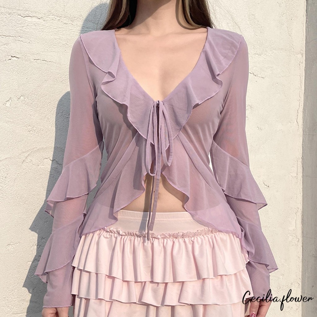 Áo len Cardigan xù mùa hè dành cho nữ màu trơn dài tay cà vạt phía trước cổ chữ V Sheer lưới mỏng