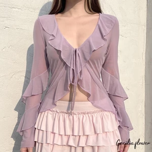 Áo len Cardigan xù mùa hè dành cho nữ màu trơn dài tay cà vạt phía trước cổ chữ V Sheer lưới mỏng