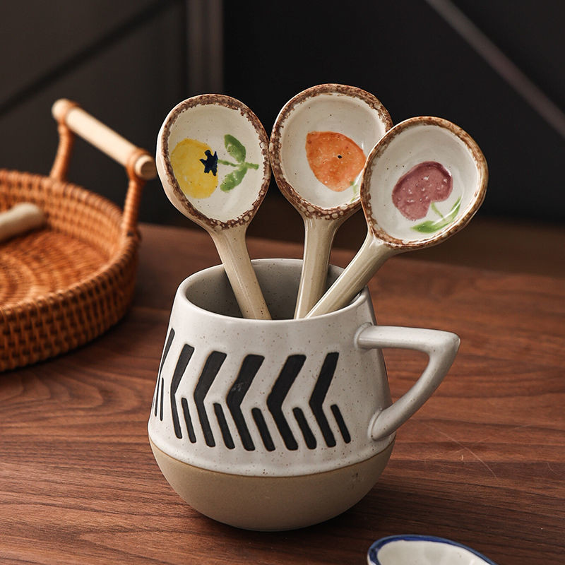 Thìa gốm nhỏ kiểu Nhật Bản dùng trong nhà, dễ thương và chất lượng cao, thìa sứ xanh trắng mộc mạc dùng để ăn và uống súp, phong cách Ins cho các cô gái 6.15 M9ZY
