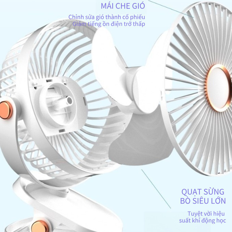 Quạt Mini Để Bàn 5 Tốc Độ, Quạt kẹp bàn & đèn ngủ LED, Điều chỉnh 720° góc quay, Hoạt Động Êm