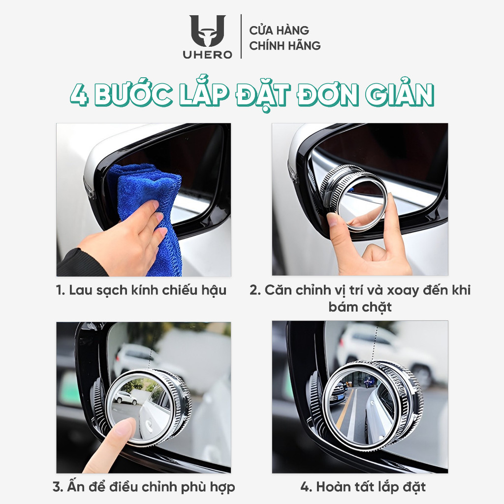 Cặp 2 gương cầu lồi ô tô UHERO góc rộng xoay 360 xoá điểm mù, đế hút chân không cực chắc chắn GCL01