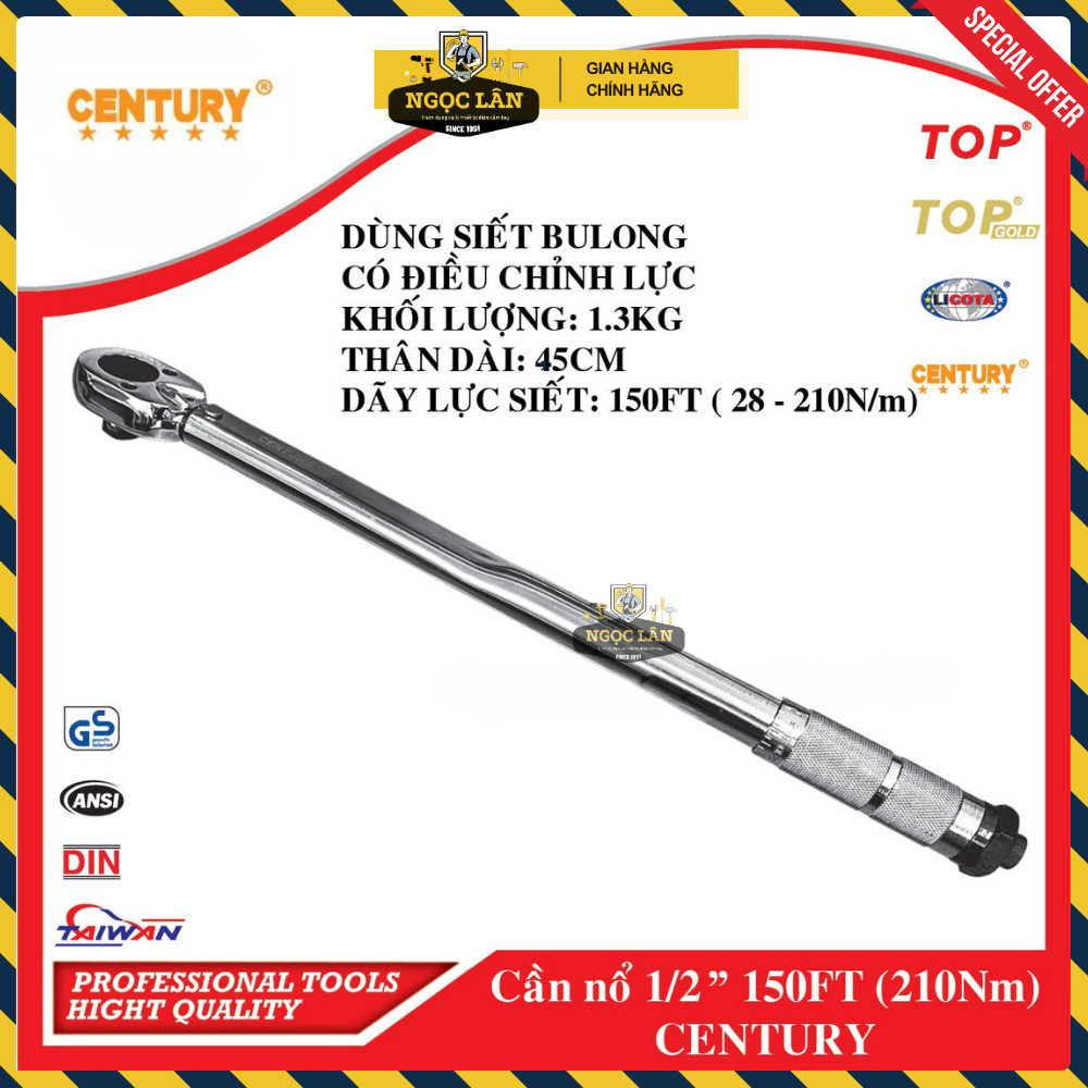 [Chính Hãng] Cần Nổ, Cần Siết Chỉnh Lực 1/2” (28-210 Nm) CENTURY dài 450mm thép CR-V cao cấp