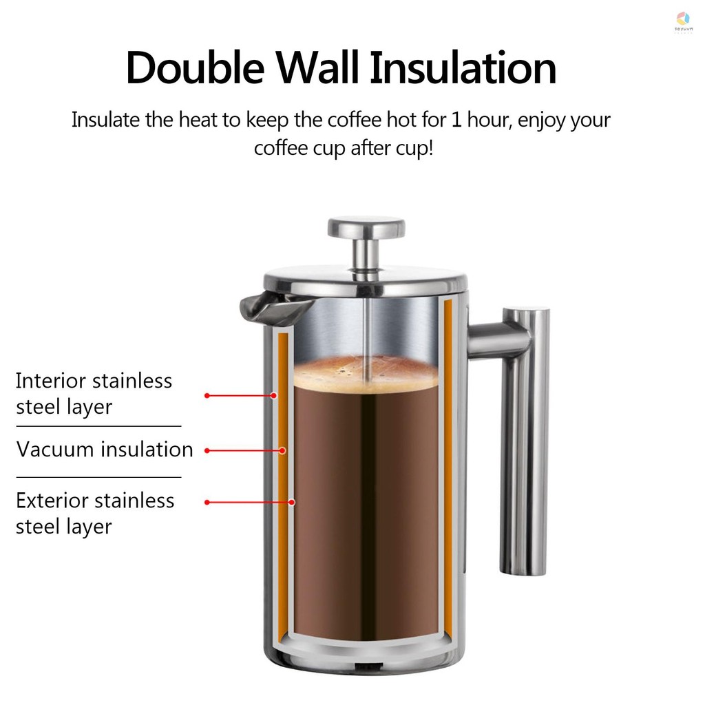 350ml / 800ml / 1000ml Máy pha cà phê kiểu Pháp Máy pha cà phê cách nhiệt hai tường bằng thép không gỉ