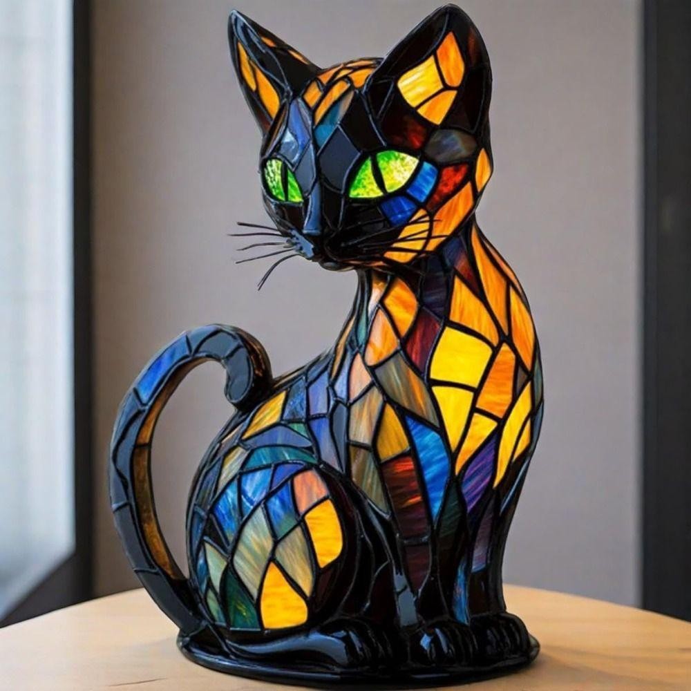 YOFFOR Phong cách máy tính để bàn, Kính màu Retro Time Cat Light, Hot Pet LED Cat Dyeing Resin Dễ thương Dạ quang Phòng ngủ gia đình