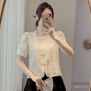 Áo sơ mi nữ phong cách Trung Quốc mới mùa hè tay phồng thêu ren nút Mandarin độc đáo