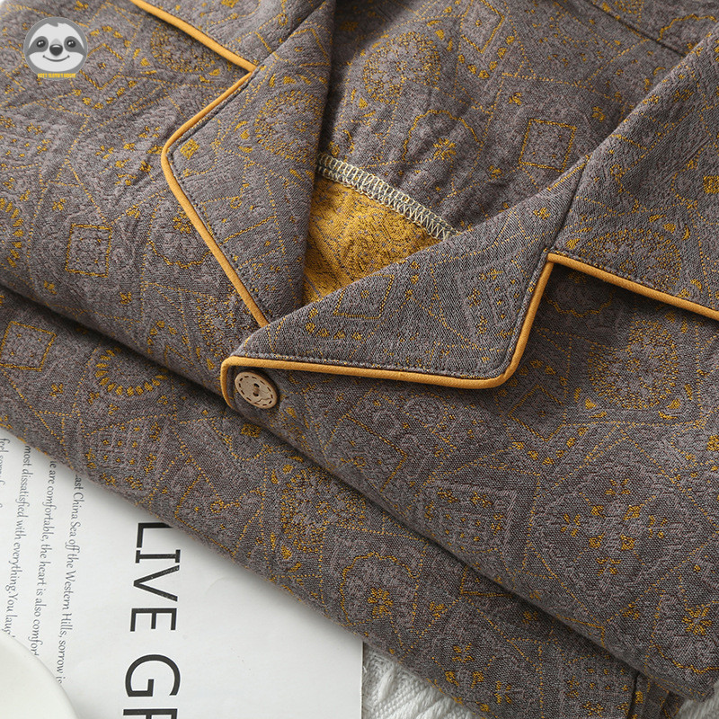 Phong cách Nhật Bản Muji Style - Bộ đồ ngủ ngắn tay Cotton nguyên chất dành cho nam Retro Jacquard - Quần áo gia đình mỏng có thể mặc bên ngoài
