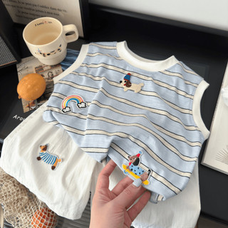 Bộ áo vest và quần short trẻ em mùa hè mới cho bé trai, áo phông không tay họa tiết hoạt hình sọc, bộ hai mảnh
