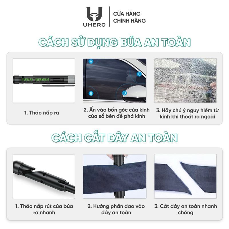 Búa thoát hiểm ô tô 4in1 UHERO kèm bảng số điện thoại ô tô phụ kiện an toàn Bảo Hành 12 Tháng