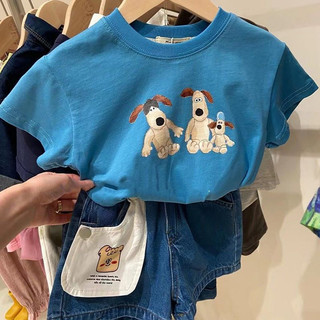 Áo thun ngắn tay cotton mới mùa hè cho bé trai, in hình chó hoạt hình, thoáng khí, áo xanh thường ngày cho trẻ nhỏ và bé trai nhỏ