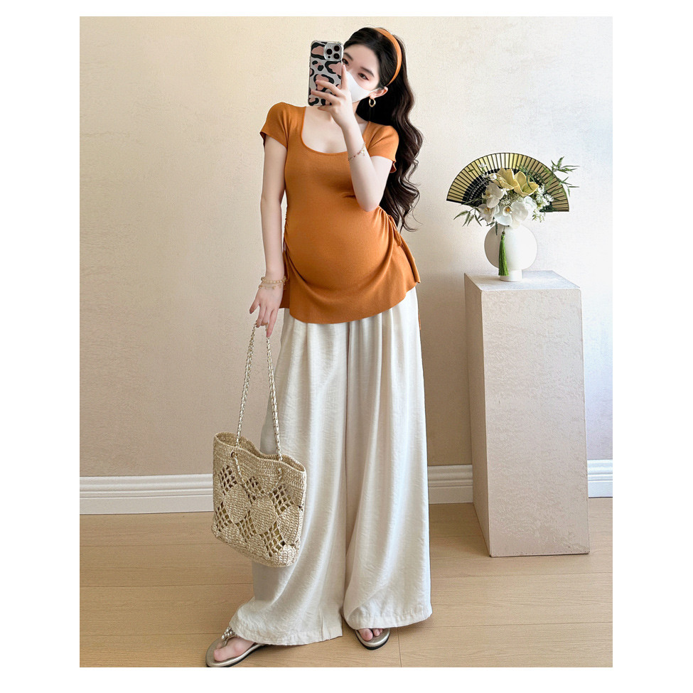 Bộ đồ bà bầu Áo ngắn tay có dây rút mùa hè + Quần ống rộng Bộ đồ hai mảnh