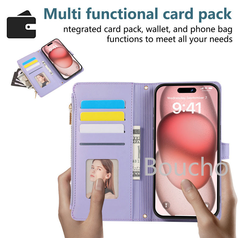 Dành Cho Google Pixel 9 8 7 6 Pro XL 8A 7A 6A 5G Khóa Da Dây Kéo Ví Điện Thoại Túi Thời Trang Thanh Lịch Flip Cover Với Dây Đeo Vai