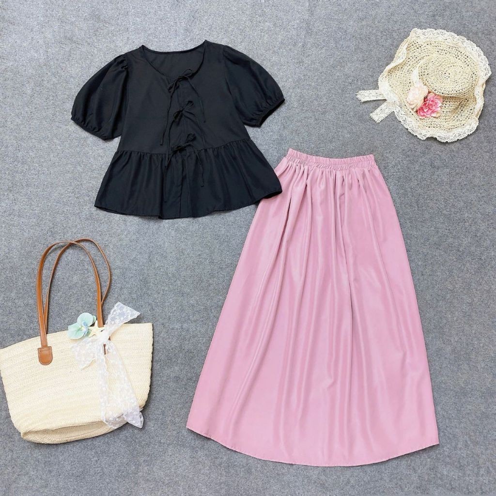 Set Đồ Bigsize Nữ 2 Món Dễ Thương – Áo Sơ Mi Babydoll Tay Bồng Mix Chân Váy Dài  Che Bụng A191-CV15