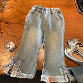 Quần jeans mới mùa xuân cho bé gái, quần ống loe có viền ren, quần dài có nơ cho trẻ em