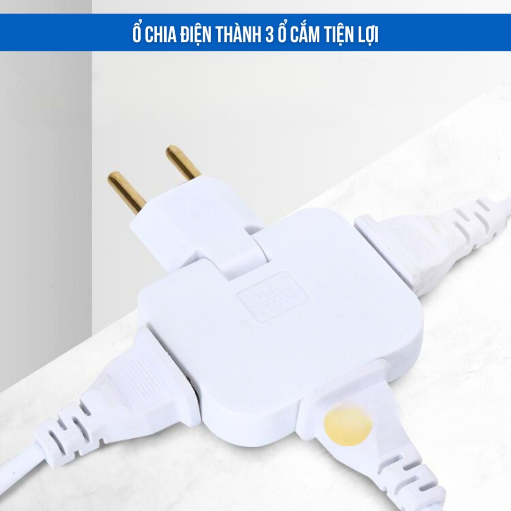 Ổ cắm chia điện 2500W nhỏ gọn tiện lợi xoay 180 độ chia 3 chân tròn dẹt với màu đen trắng xanh hồng pm
