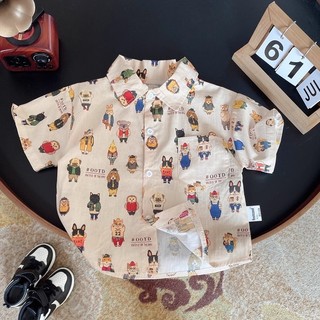 Bộ áo sơ mi mỏng cho bé trai mùa hè, phong cách Hàn Quốc, in hình hoạt hình, tay ngắn và quần short, bộ hai mảnh