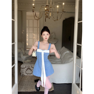 Váy Lửng Nơ Màu Tương Phản Váy Ngắn Chữ A Eo Hot Girl Dáng Người Nhỏ Bé Mùa Hè