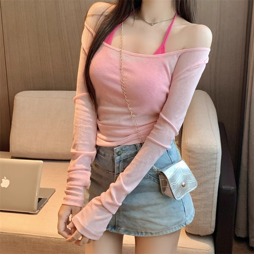 Áo Thun Giấy Nữ BABEE Tay Dài Cổ Thuyền Chiết Eo Kèm Áo Trong Phong Cách Gợi Cảm Quyến Rũ