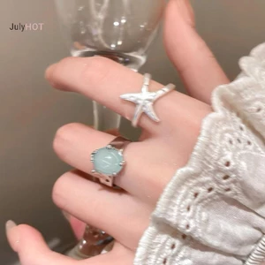 JULYHOT 2 Cái / bộ Ngọt Ngào Sao Biển Xanh Zircon Mở Nhẫn Dành Cho Nữ Bé Gái Phong Cách Đại Dương Đơn Giản Ngôi Sao Ngón Tay Nhẫn Trang Sức Thẩm Mỹ Y2K Phụ Kiện Massivedeals