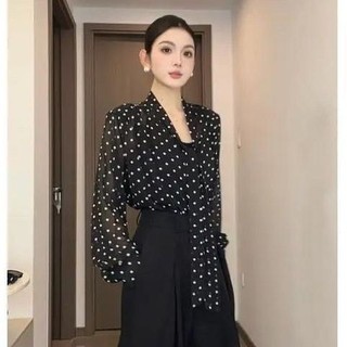 ✨Mùa Hè Retro Pháp Nơ Chấm Bi Voan Áo Sơ Mi Top Rời Lười Tính Khí Chống Nắng Áo Sơ Mi 25.5.29