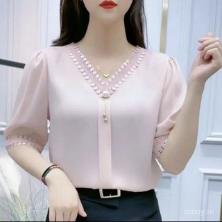 Áo blouse cho phụ nữ, áo chiffon chính thức, áo blouse cỡ lớn cho phụ nữ, phong cách Hàn Quốc, thời trang thoải mái, áo sơ mi tay ngắn cổ V