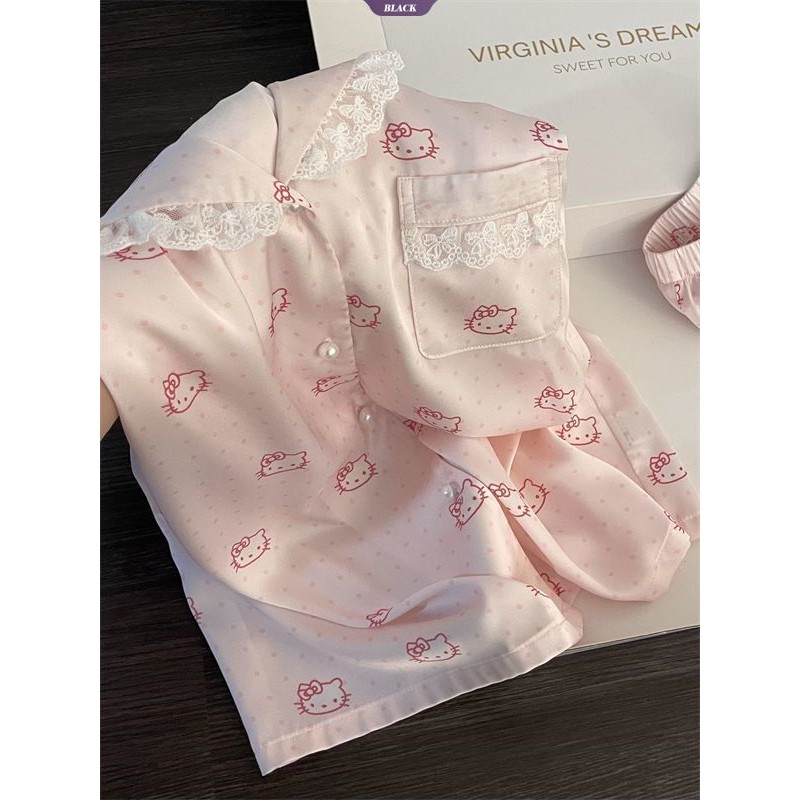 Sweet Lace Polka Dot Kitty Bộ Đồ Ngủ Nữ Mùa Hè Mới Quần Short Tay Ngắn Phần Mỏng Của Bộ Đồ Quần Áo Gia Đình [BL]