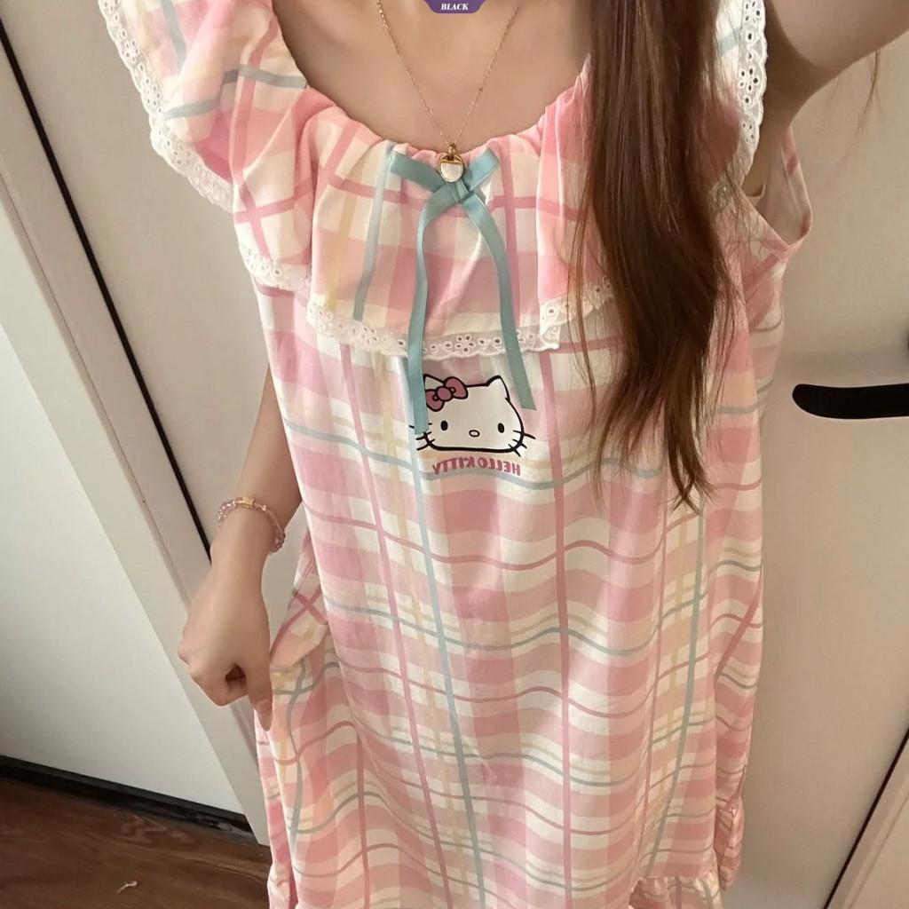 Váy ngủ kẻ sọc Hello Kitty dễ thương nữ mùa hè mới không tay sling ren homewear [BL]